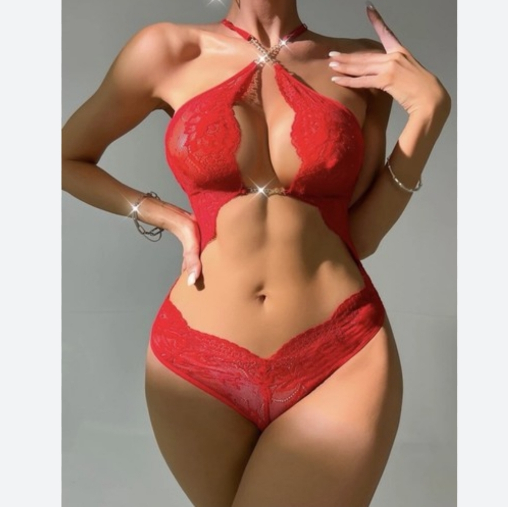 NWT Victoria's Secret Teddy Red High Neck Halter Lace Bodysuit Chain Detail L